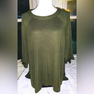 Olive Green Crew Neck Sweater with Ribbed Texture L by Mote